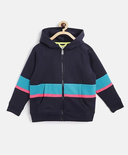 Cherry Crumble By Nitt Hyman Full Sleeves Colour Block Hooded Jacket - Navy Blue