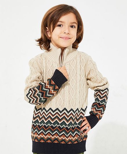 Cherry Crumble By Nitt Hyman Full Sleeves Bohemian Design Sweater - Beige