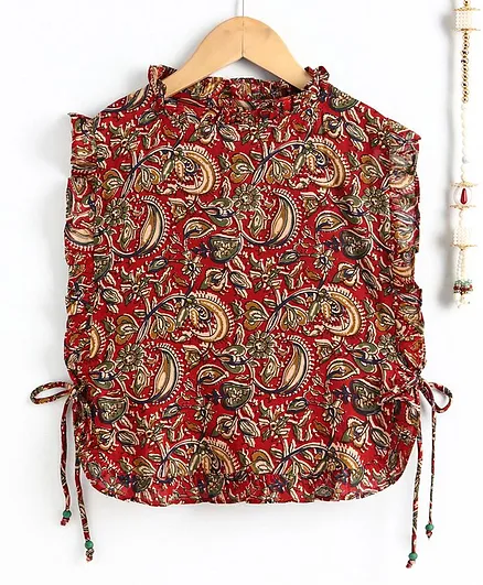Soul Fairy Short Ruffled Sleeves Abstract Print Top - Maroon