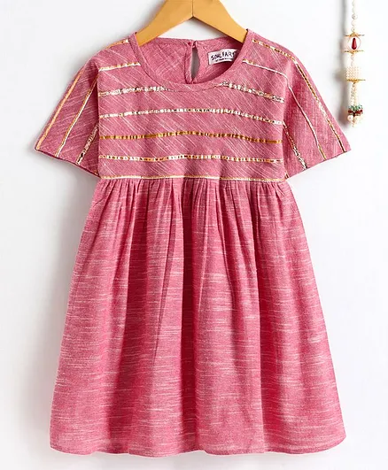 Soul Fairy Half Sleeves Zari Tape Detailing Dress - Pink