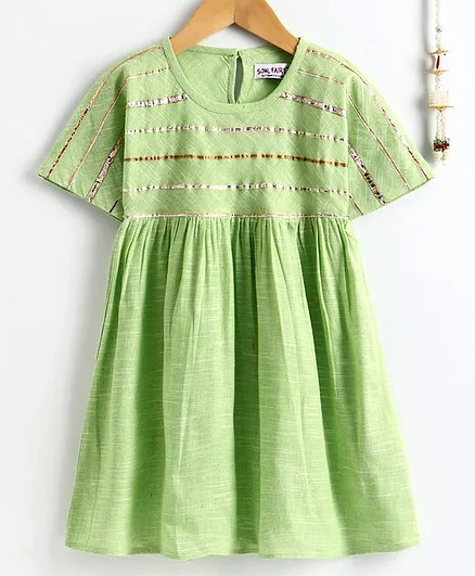 Soul Fairy Half Sleeves Zari Tape Detailing Dress - Light Green