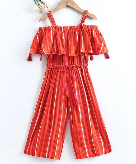 Soul Fairy Half Sleeves Striped Cold Shoulder Jumpsuit - Orange