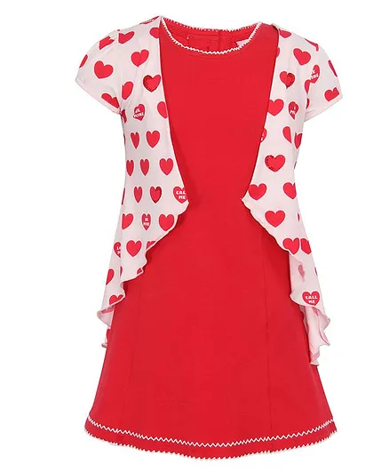 Cutecumber Short Sleeves Heart Printed Dress With Hair Band - Red