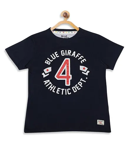 Blue Giraffe Half Sleeves Text Print Tee - Navy Blue