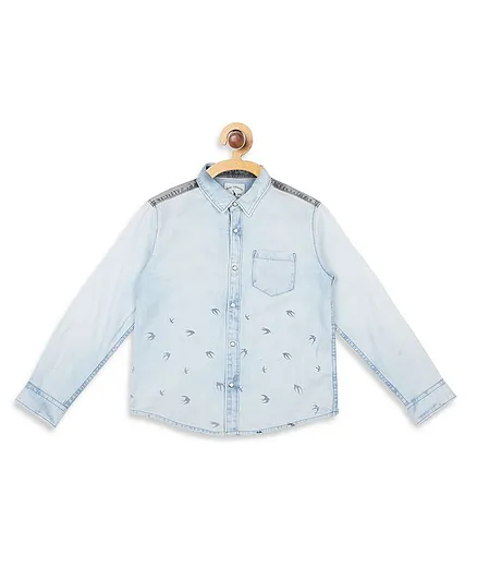 Blue Giraffe Full Sleeves Bird Print Shirt - Blue