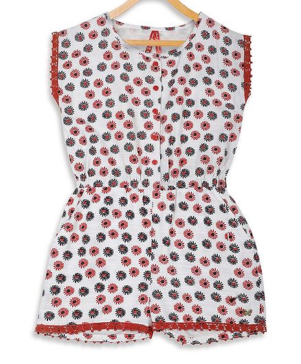 Blue Giraffe Cap Sleeves Flower Print Jumpsuit - Red