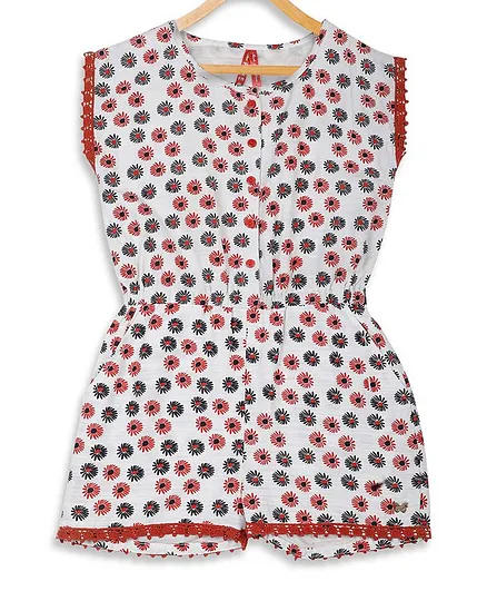 Blue Giraffe Cap Sleeves Flower Print Jumpsuit - Red