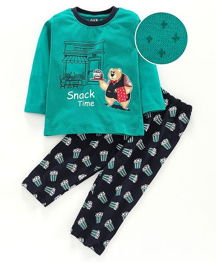 Nottie Planet Full Sleeves Teddy Bear Print Tee With Popcorn Print Pajama - Green