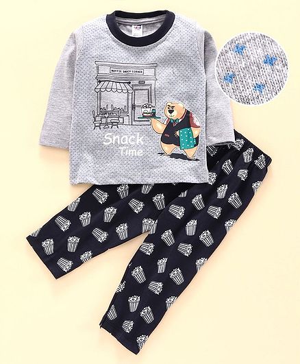 Nottie Planet Full Sleeves Teddy Bear Print Tee With Popcorn Print Pajama - Grey