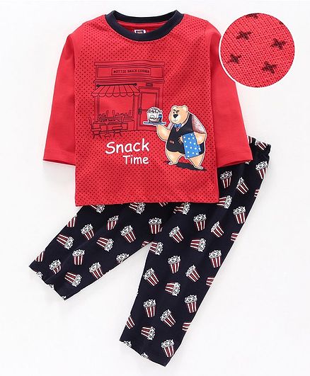 Nottie Planet Full Sleeves Teddy Bear Print Tee With Popcorn Print Pajama - Red