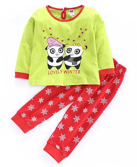 Nottie Planet Full Sleeves Panda Print Tee With Pajama - Green
