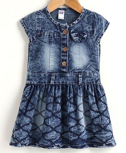 Nottie Planet Cap Sleeves Checked Hem Dress - Dark Blue