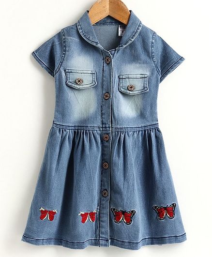 Nottie Planet Short Sleeves Collared Front Pocket Detailed Butterfly Patch Dress - Blue