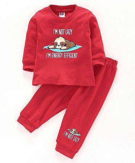 Nottie Planet Full Sleeves I'm Lazy Print Tee With Pajama - Red