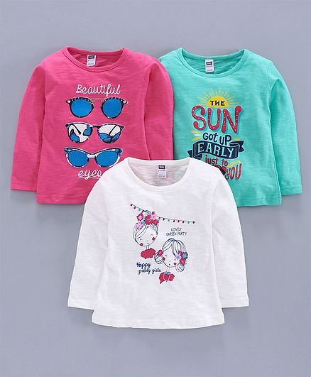 Nottie Planet Full Sleeves Doll & Sunglasses Print Pack Of 3 Tee - Pink White Green