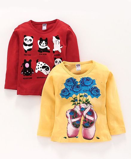 Nottie Planet Full Sleeves Pack Of Two Panda Print Tee - Red Yellow