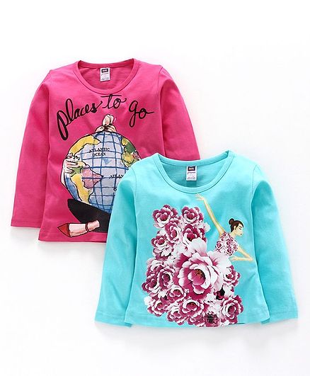 Nottie Planet Full Sleeves Pack Of Two Doll & Places To Go Print Tee - Pink Blue