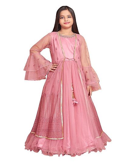 Betty By Tiny Kingdom Full Sleeves Flower Embroidery Work With Pearl Detailed Neckline Ethnic Gown - Pink