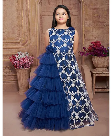 Betty By Tiny Kingdom Sleeveless Flower Embroidered Pattern Gown - Blue