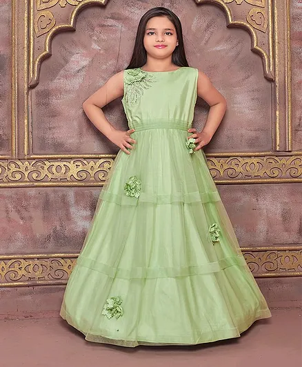 Betty By Tiny Kingdom Sleeveless Flower Detailed With Sequined Pattern Gown - Green