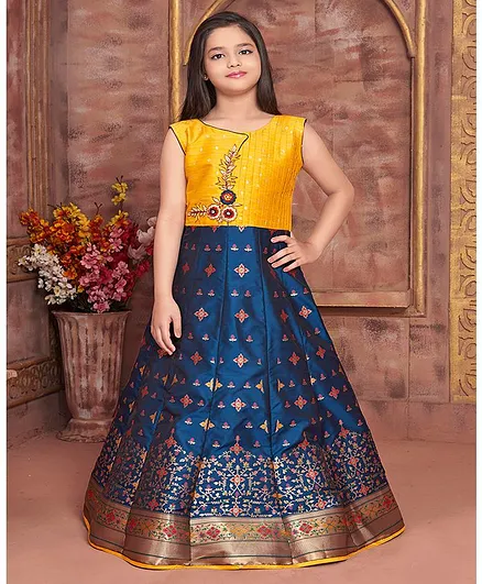 Betty By Tiny Kingdom Sleeveless Zari Work Pattern Ethnic Gown - Blue & Yellow