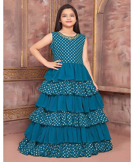 Betty By Tiny Kingdom Sleeveless Flower Pattern Layered Gown - Blue