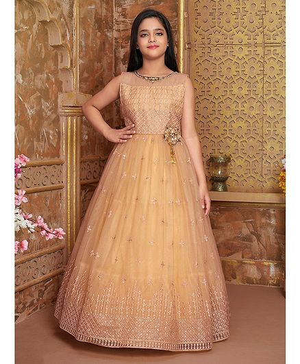 Betty By Tiny Kingdom Sleeveless All Over Flower Embroidery Pattern Gown - Beige