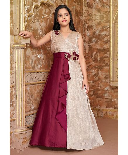 Betty By Tiny Kingdom Sleeveless Flower Applique Two Colored Gown - Golden & Maroon