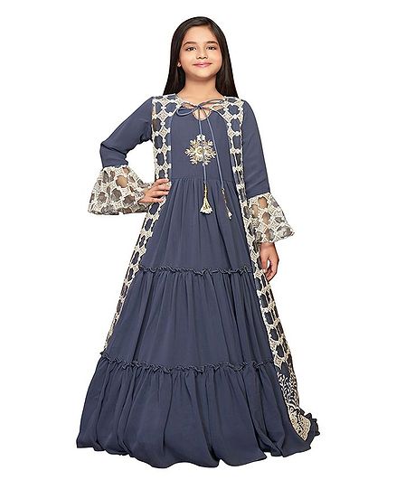 Betty By Tiny Kingdom Full Sleeves Floral Embroidery Smocking Detailed Gown - Blue