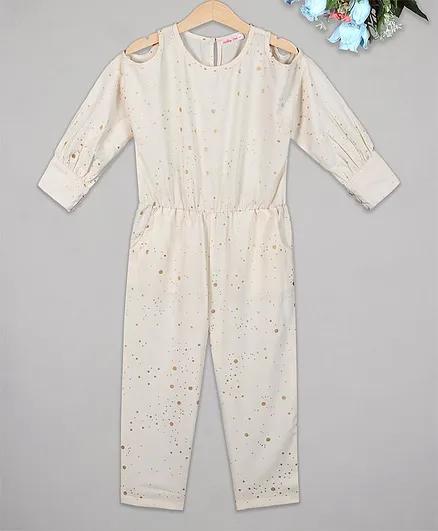 Budding Bees Cold Shoulder Full Sleeves Dot Printed Jumpsuit - Cream
