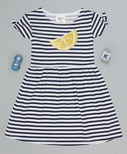 Flenza Short Sleeves Striped Sequined Lemon Design Dress - Blue