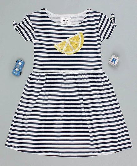 Flenza Short Sleeves Striped Sequined Lemon Design Dress - Blue