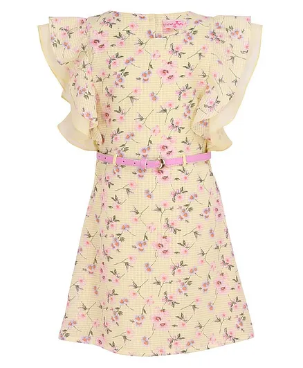Cutecumber Short Sleeves Flower Print Dress - Light Yellow