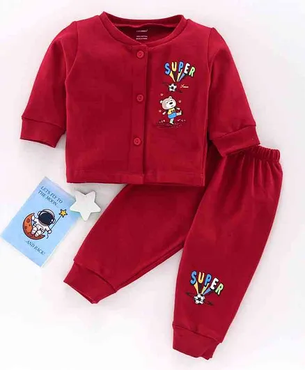 Cucumber Full Sleeves Night Suit Teddy Print - Red