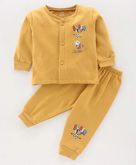Cucumber Full Sleeves Night Suit Teddy Print - Yellow