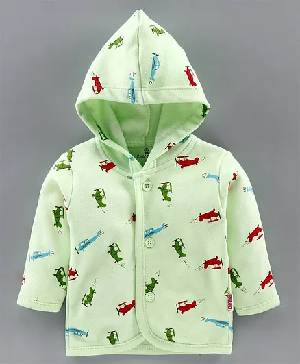 Child World Full Sleeves Hooded Vest Aeroplane Print - Green