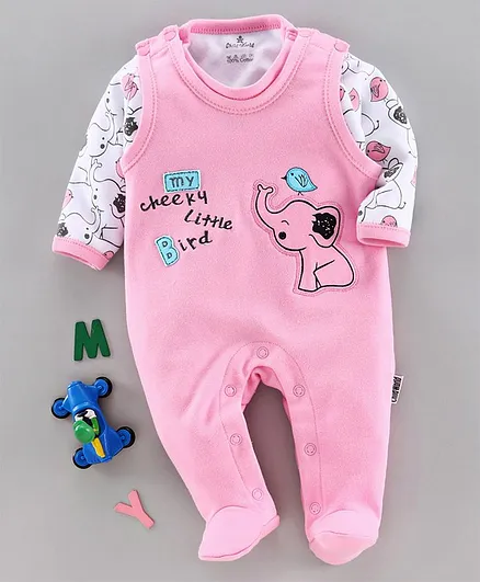 Child World Full Sleeves Footed Dungaree Style Romper With T-Shirt Elephant Print - Pink