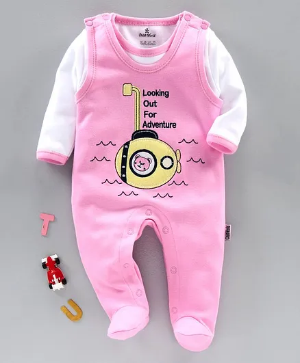 Child World Full Sleeves Footed Dungaree Style Romper With T-Shirt - Pink