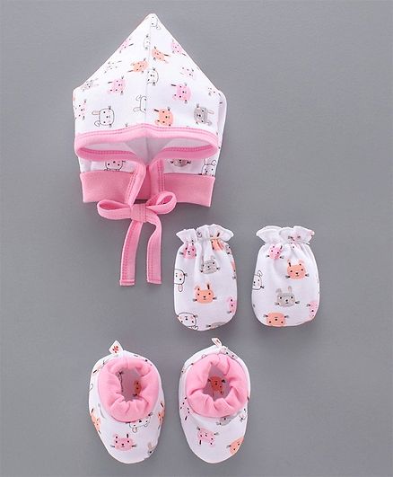 Child World Cap & Mittens With Booties Animal Print Pink White - Diameter