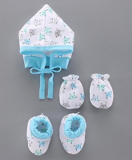 Child World Cap & Mittens With Booties Animal Print Blue White - Diameter