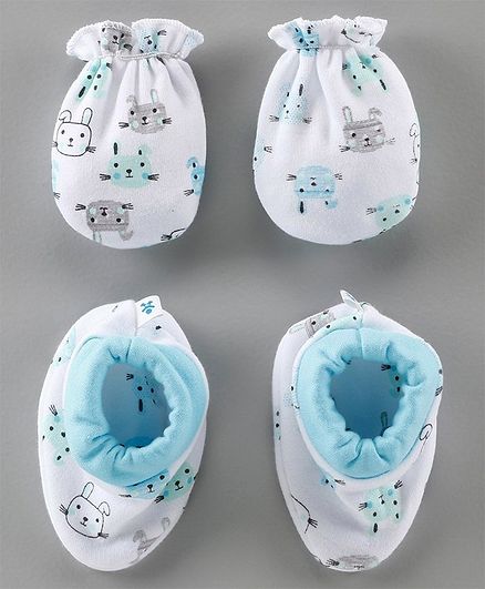 Child World Baby Mittens & Booties Cat Print - White Blue