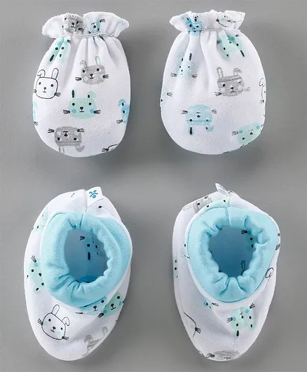 Child World Baby Mittens & Booties Cat Print - White Blue