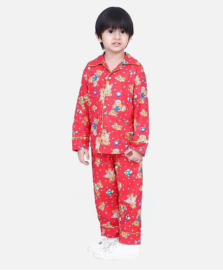 BownBee Full Sleeves Teddy Print Night Suit - Red