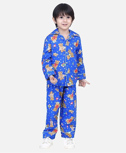 BownBee Full Sleeves Teddy Printed Night Suit - Blue