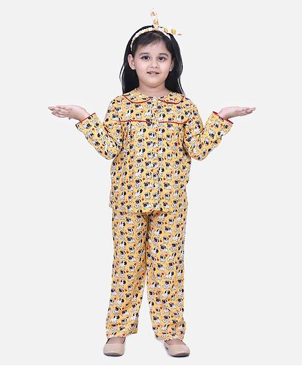 BownBee Full Sleeves Pug Printed Night Suit - Orange