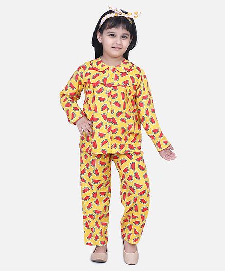 BownBee Full Sleeves Watermelon Printed Night Suit - Yellow