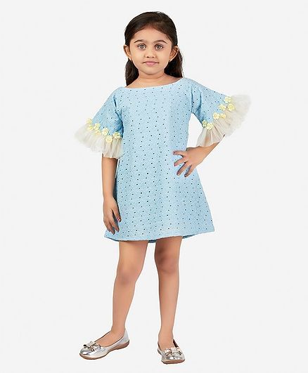 PinkCow Half Sleeves Chikan Kari Flower Appliqued Dress - Blue
