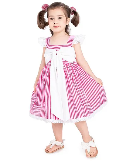 Neha Gursahani Short Sleeves Candy Stripe Big Bow Design Dress - Pink