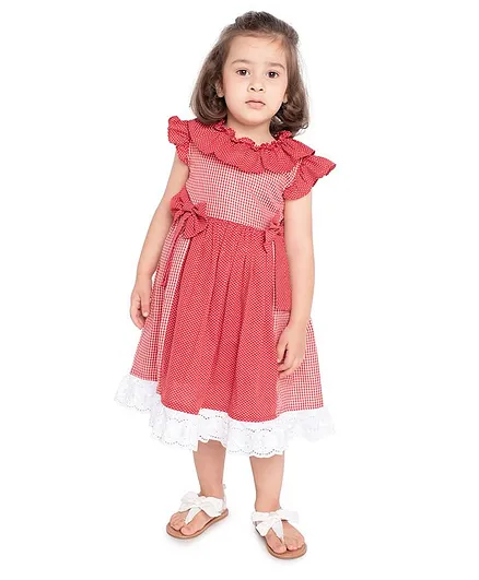 Neha Gursahani Short Sleeves Polka Dot & Checked Dress - Red