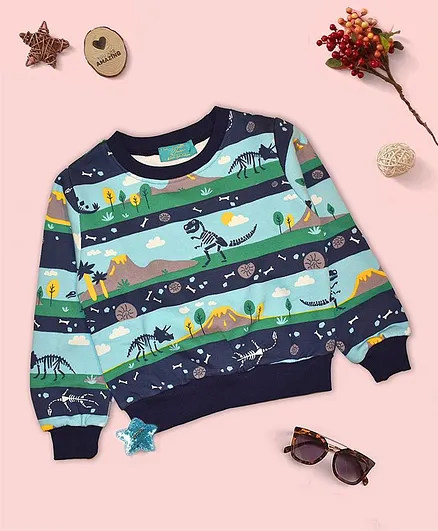 Tiara Soft Brushed Full Sleeves Dinosaur Print Sweatshirt - Blue